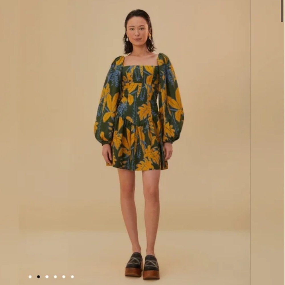 NWT FARM Rio Olive Green Mini Dress with Yellow & Light Blue Floral Print